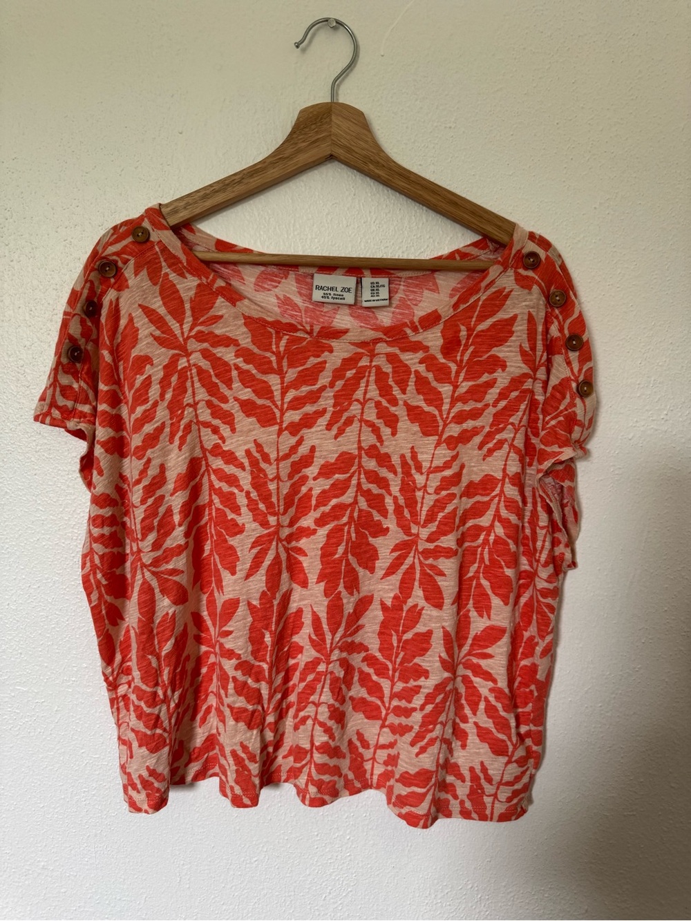 Rachel Zoe linen blend Coral Leaf Print Button-Shoulder Top